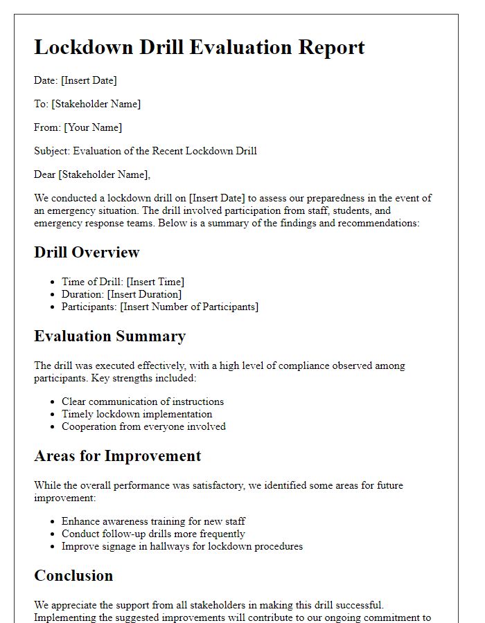 Letter template of lockdown drill evaluation for stakeholders