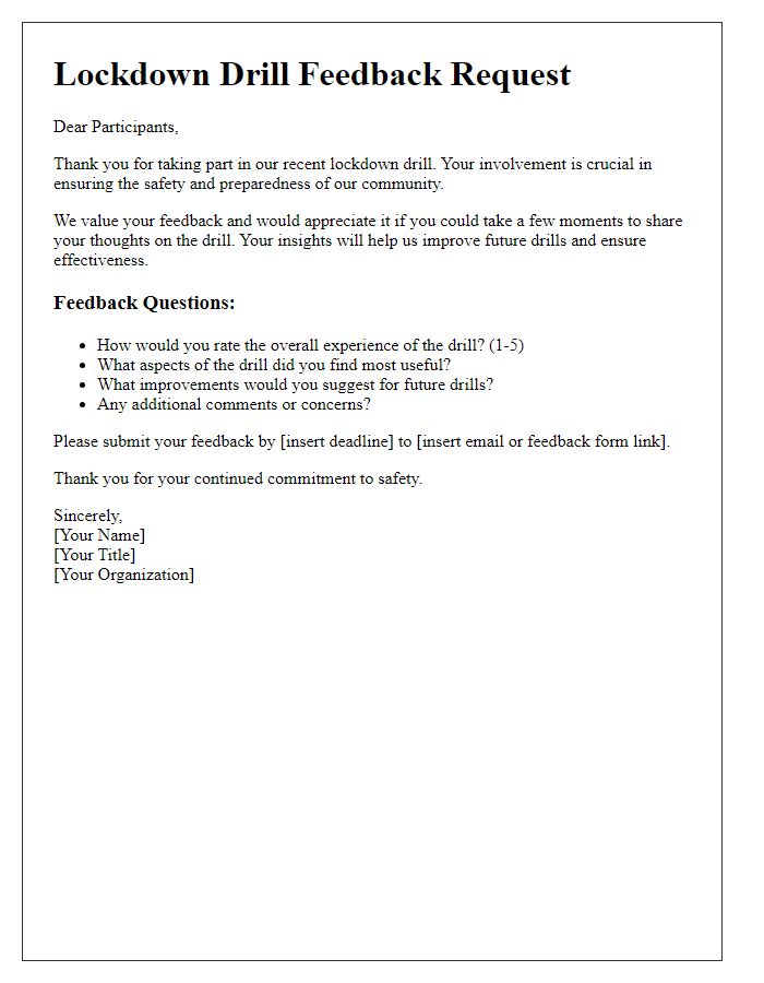 Letter template of lockdown drill feedback request for participants