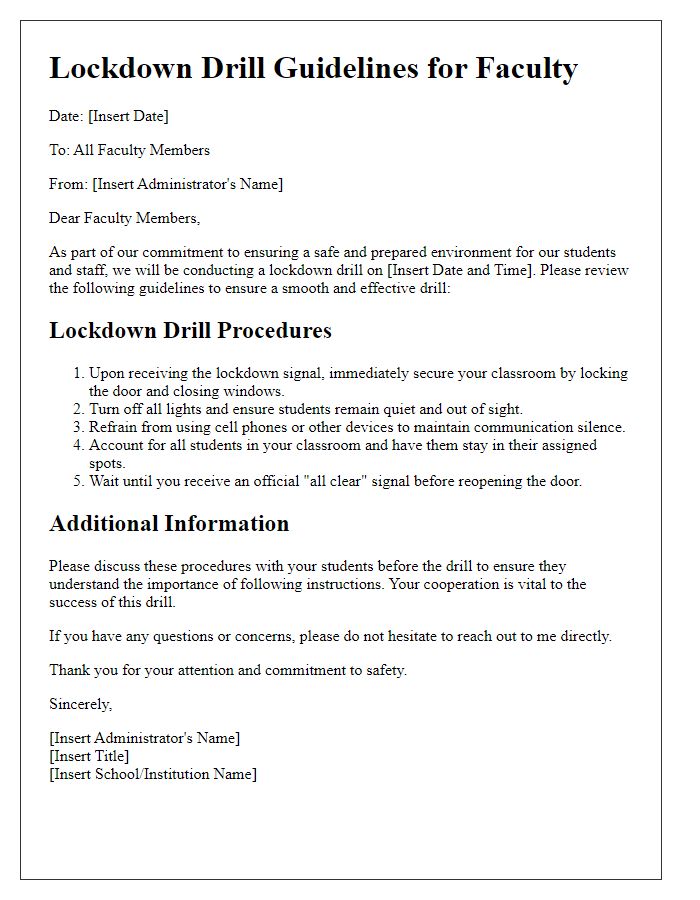 Letter template of lockdown drill guidelines for faculty