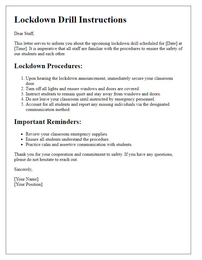 Letter template of lockdown drill instructions for staff