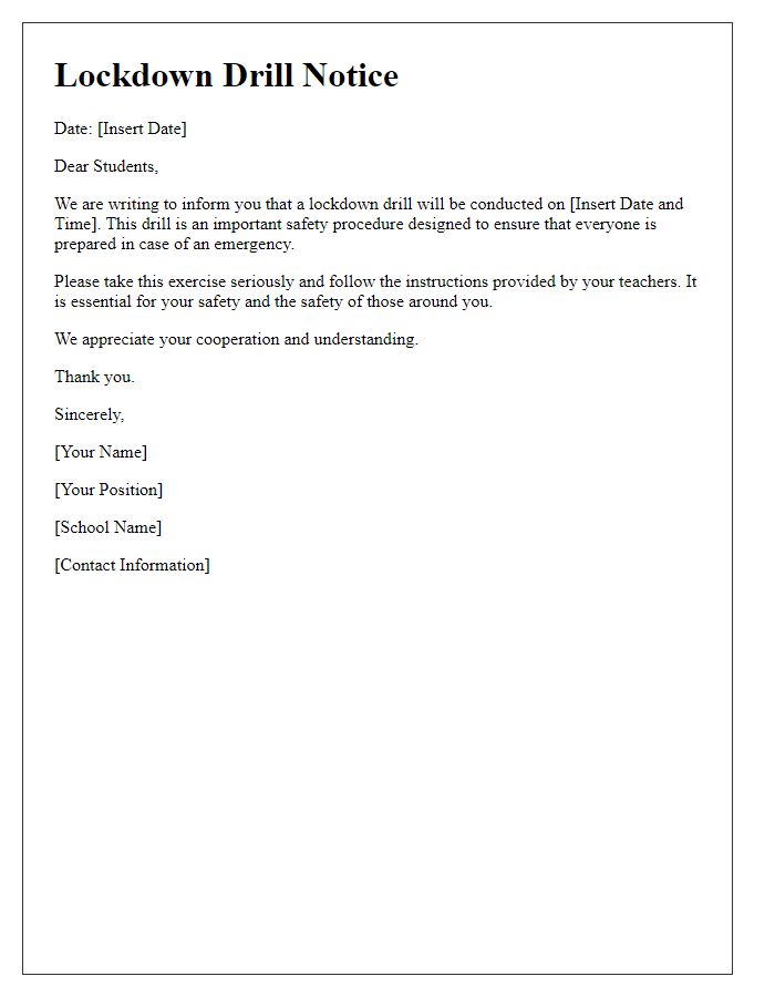 Letter template of lockdown drill notice for students