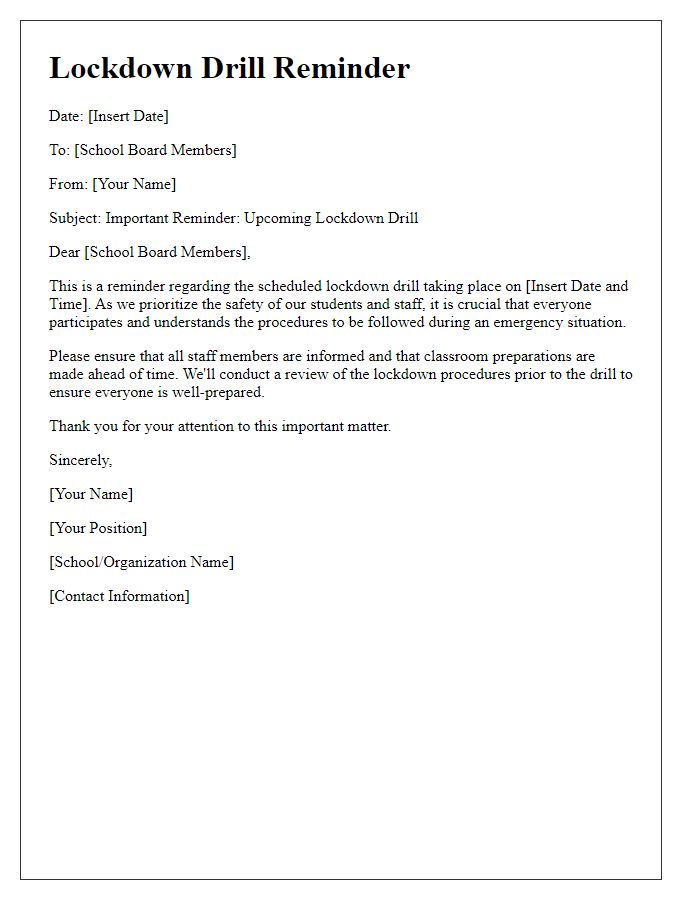 Letter template of lockdown drill reminders for school boards