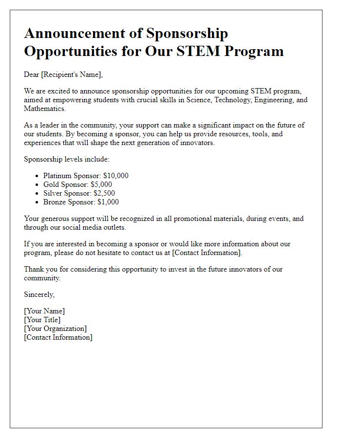 Letter template of announcement for STEM program sponsorship opportunities.