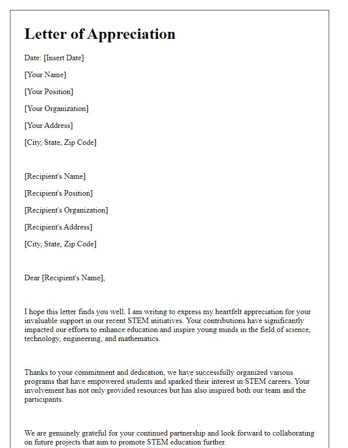 Letter template of appreciation for prior support in STEM initiatives.