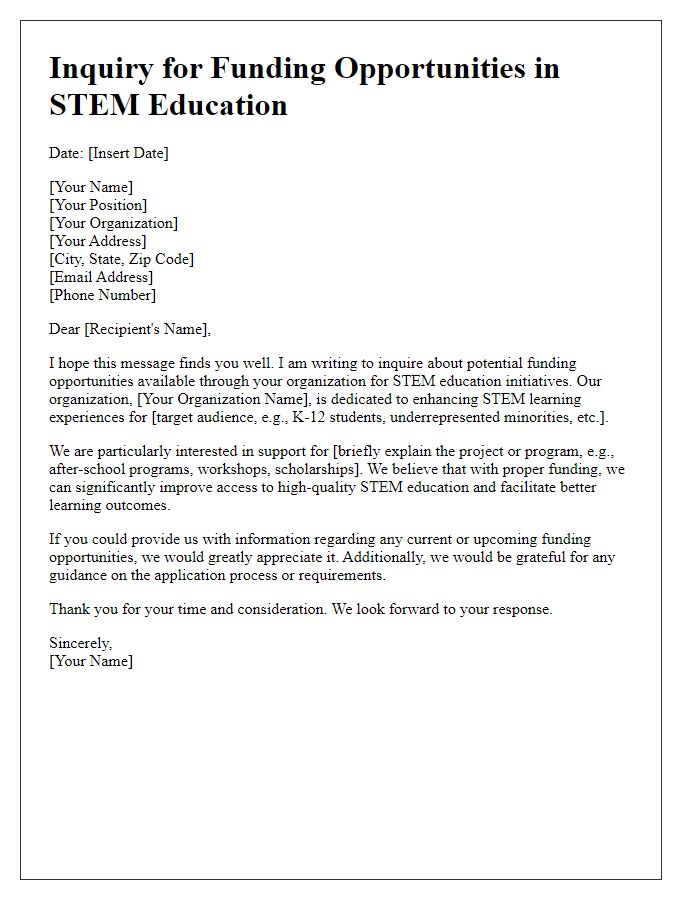 Letter template of inquiry for funding opportunities in STEM education.