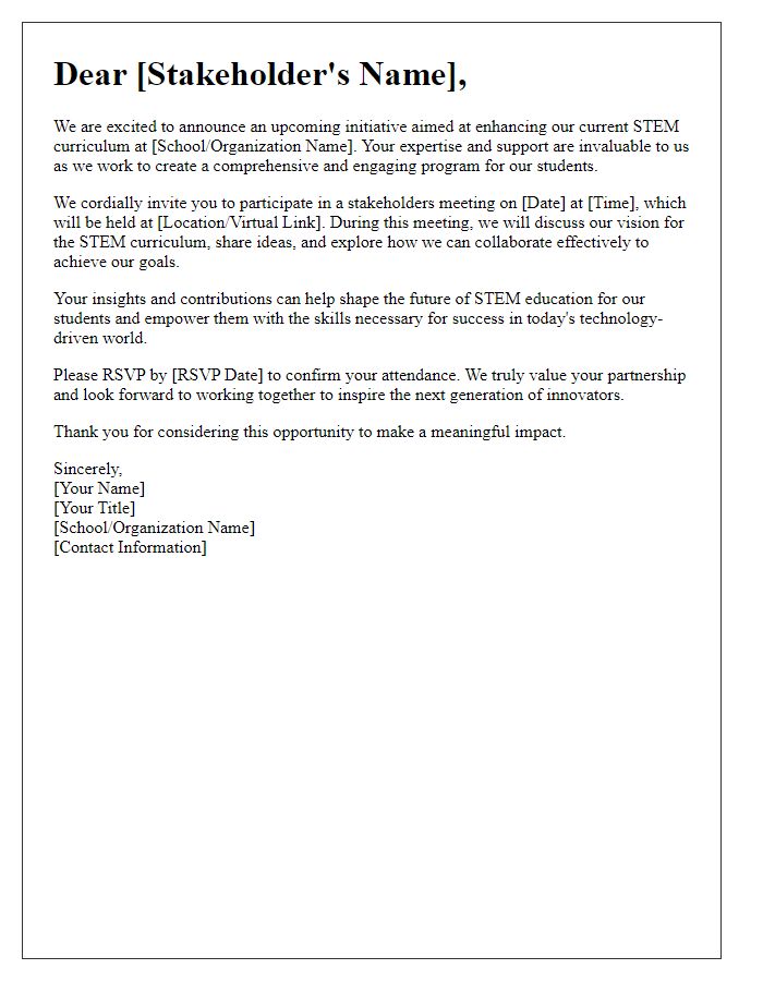 Letter template of invitation for stakeholders to support STEM curriculum development.