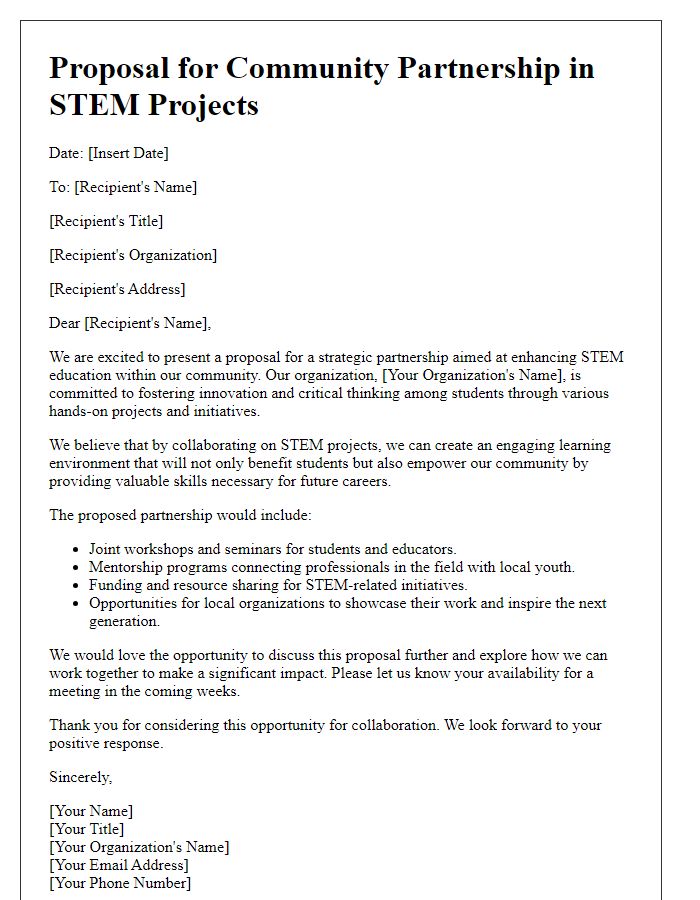 Letter template of proposal for community partnership in STEM projects.