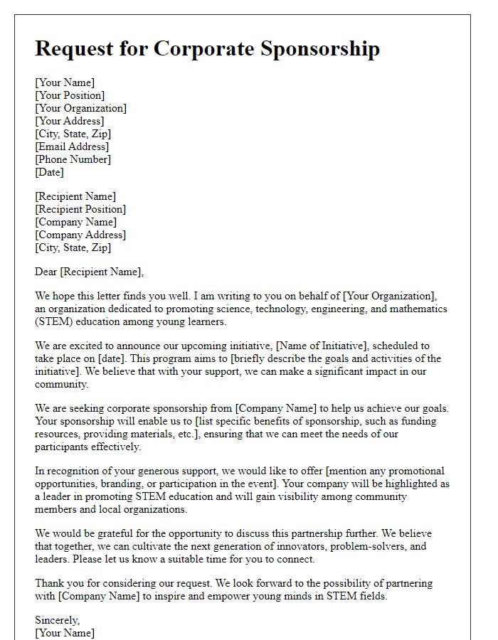 Letter template of request for corporate sponsorship for STEM initiatives.