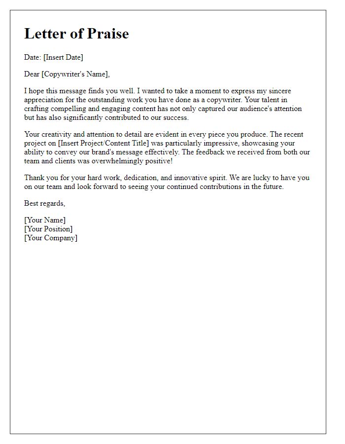 Letter template of praise for a talented copywriter