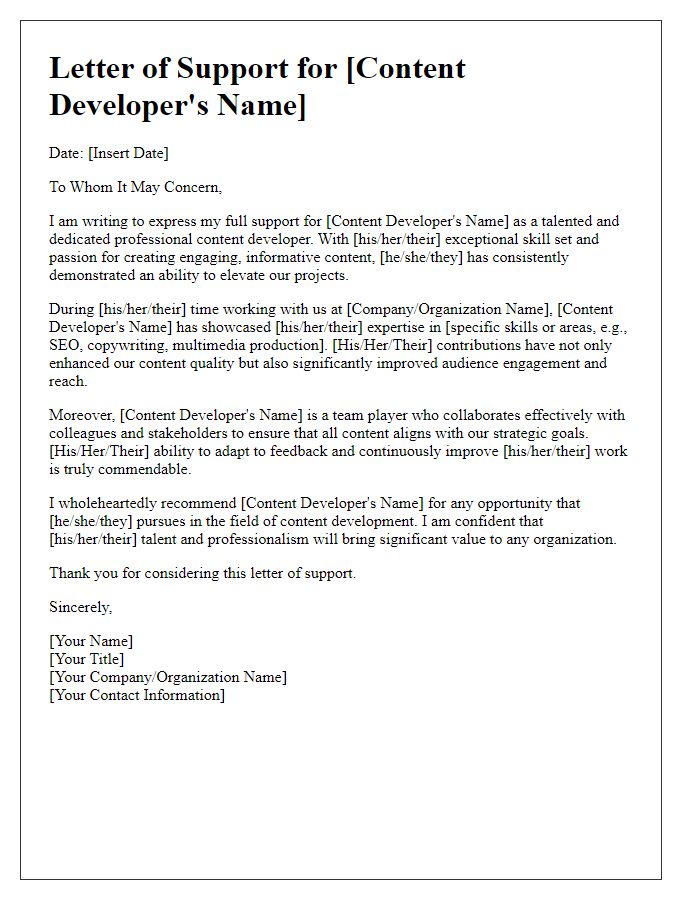 Letter template of support for a professional content developer