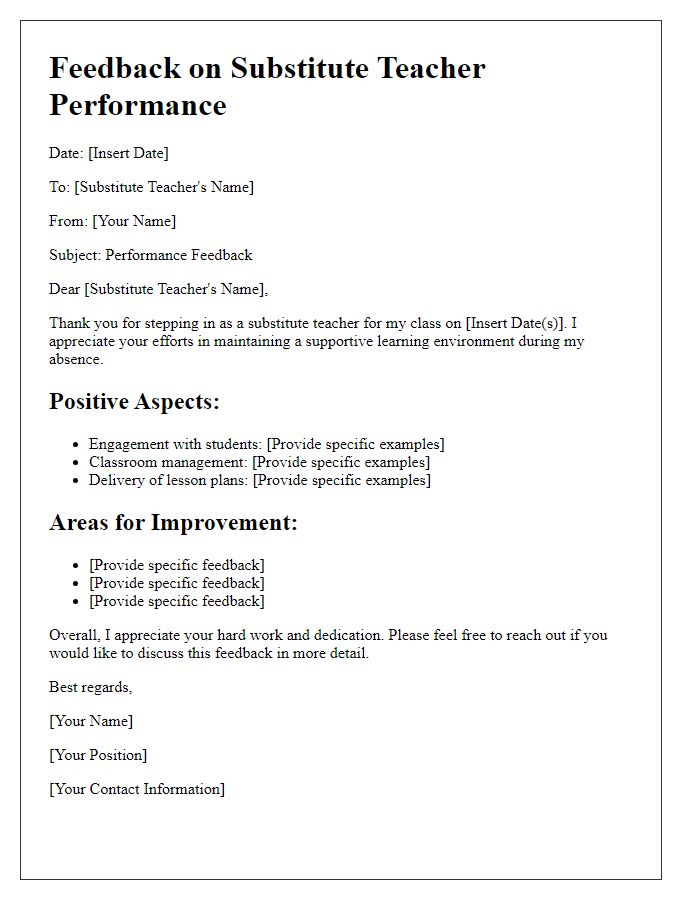 Letter template of feedback for substitute teacher performance.