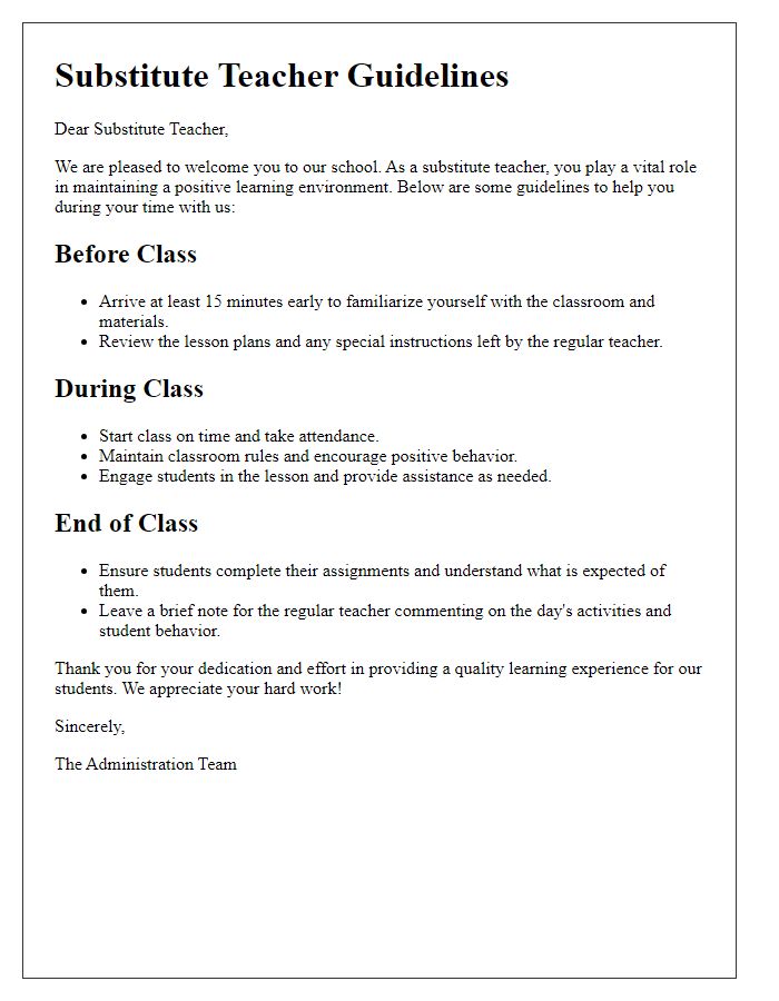 Letter template of guidelines for substitute teacher.