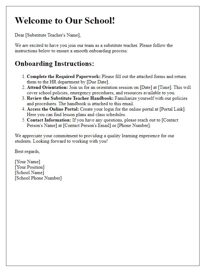 Letter template of substitute teacher onboarding instructions.