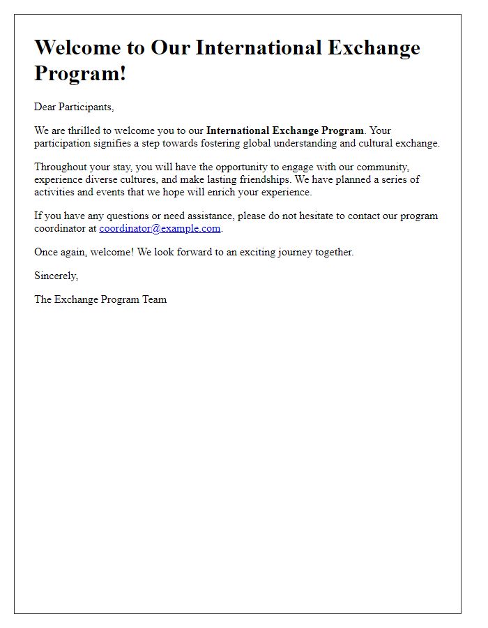 Letter template of introductory welcome for international exchange participants