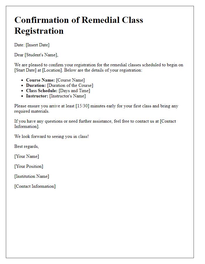 Letter template of confirmation for remedial class registration