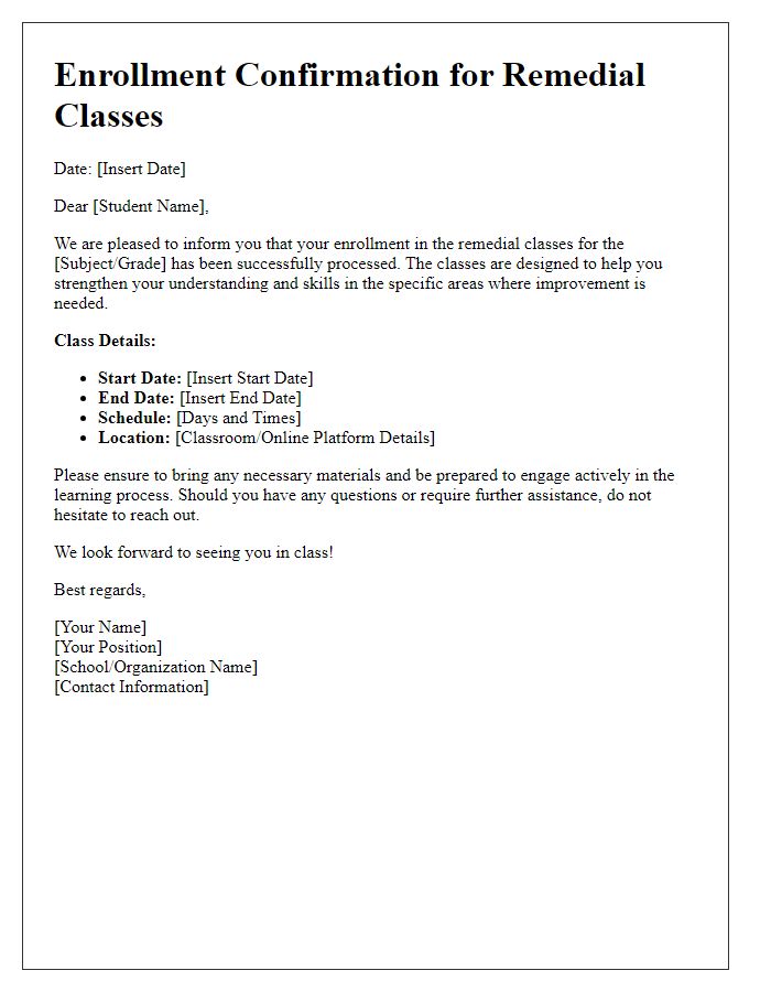 Letter template of enrollment for remedial classes