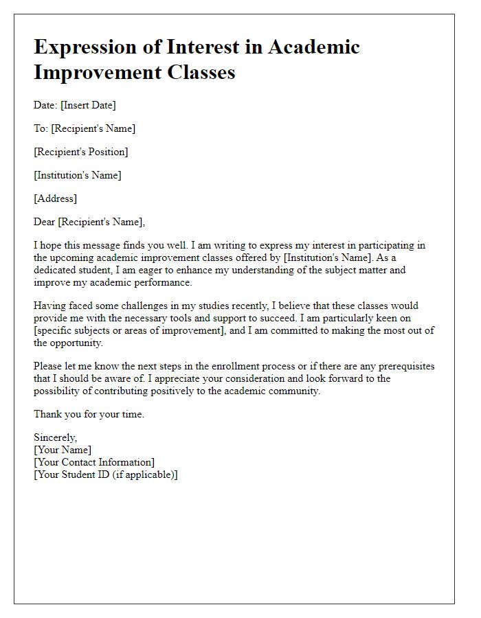 Letter template of expression of interest in academic improvement classes