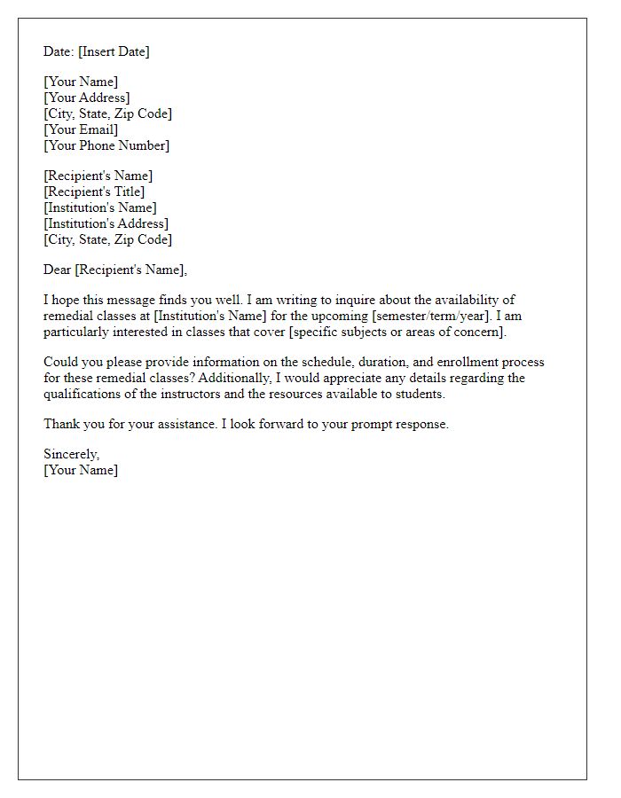 Letter template of inquiry about remedial class availability