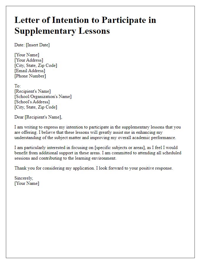 Letter template of intention to participate in supplementary lessons