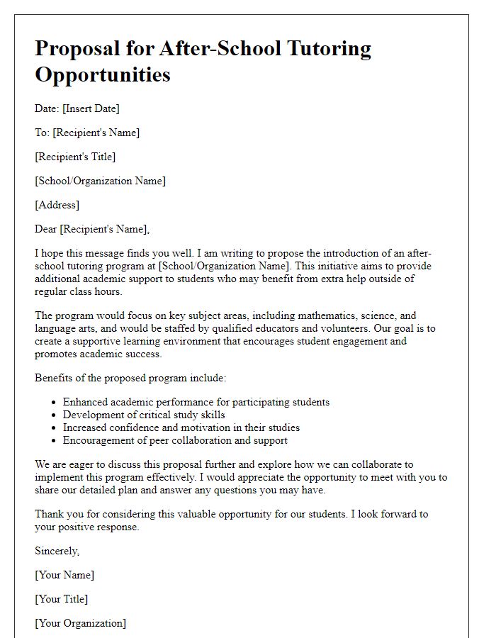 Letter template of proposal for after-school tutoring opportunities