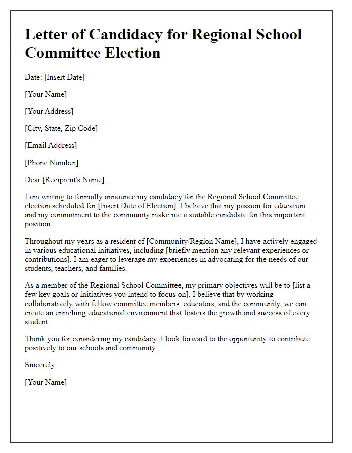 Letter template of candidacy for regional school committee election