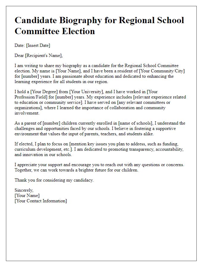 Letter template of candidate biography for regional school committee election