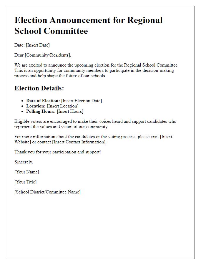 Letter template of election announcement for regional school committee