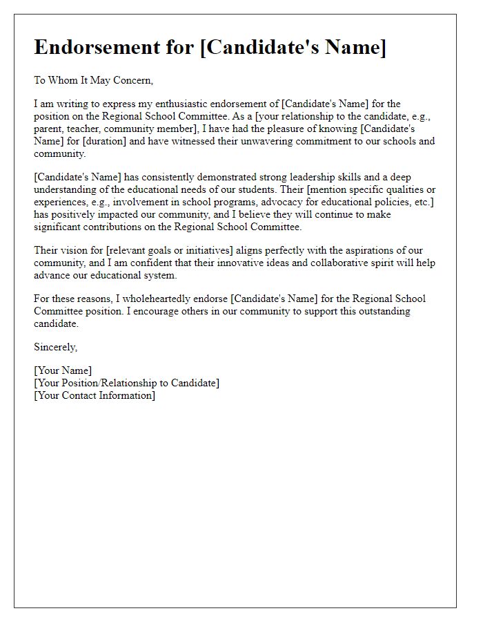 Letter template of endorsement for a regional school committee candidate