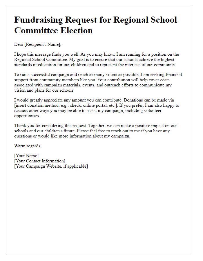 Letter template of fundraising request for regional school committee election