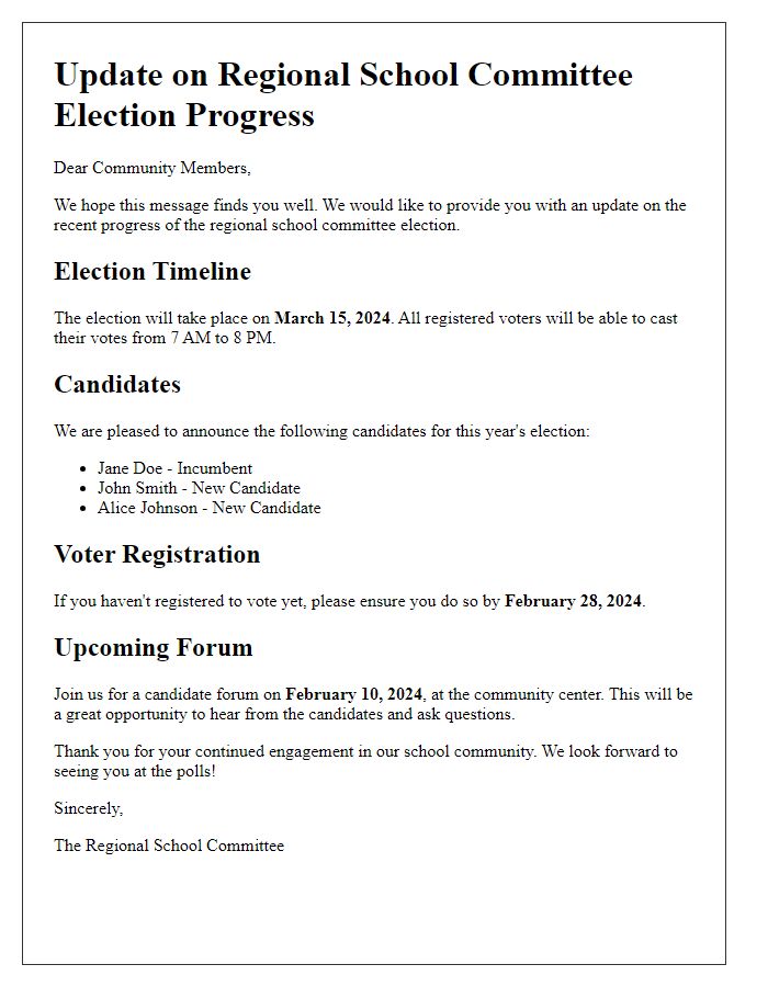 Letter template of updates on regional school committee election progress