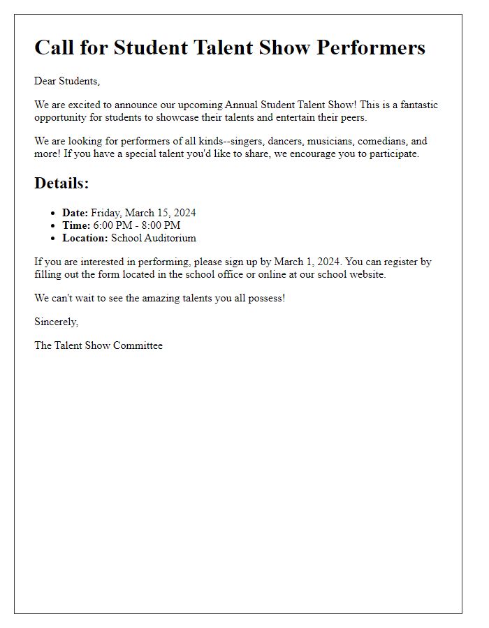 Letter template of call for student talent show performers