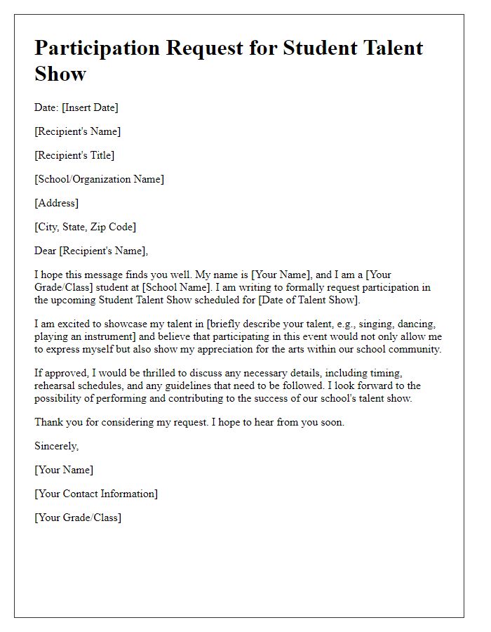 Letter template of participation request for student talent show