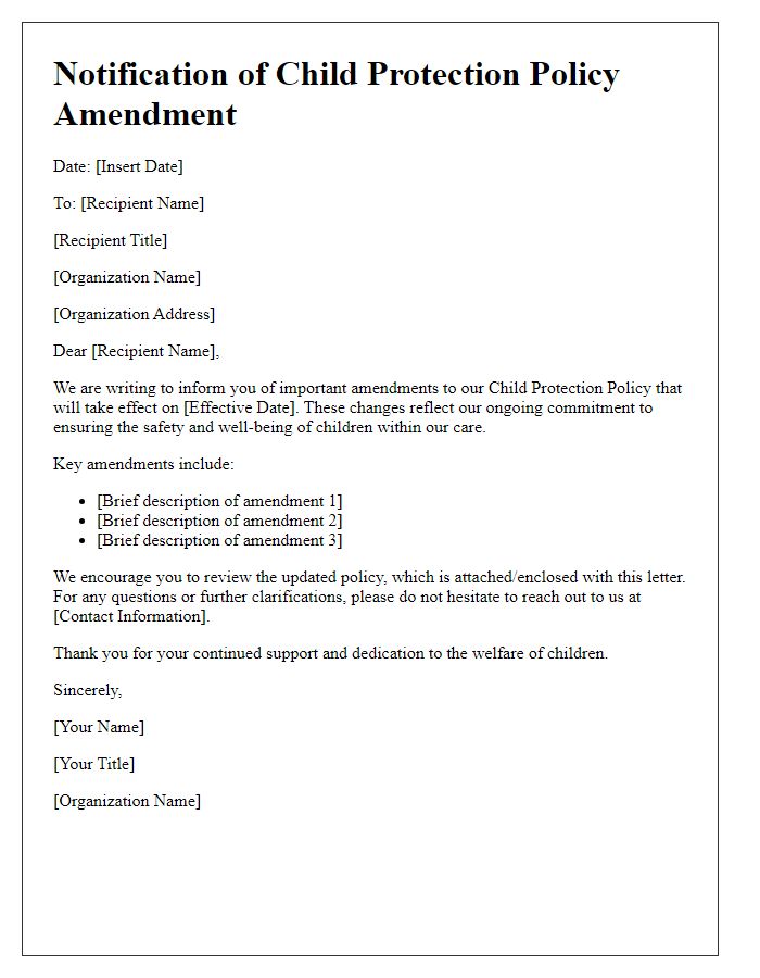 Letter template of child protection policy amendment notification