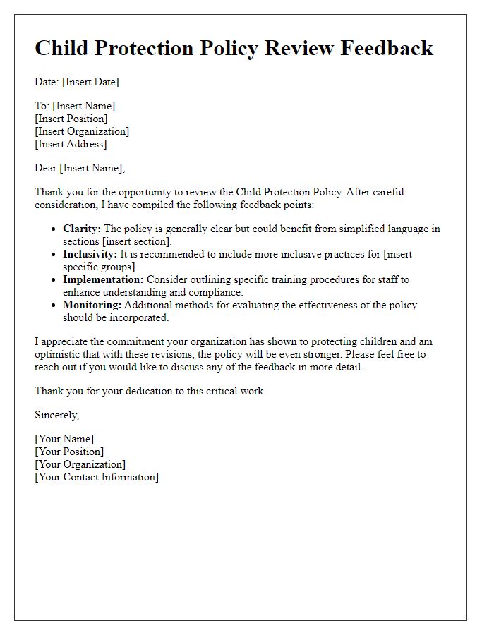 Letter template of child protection policy review feedback