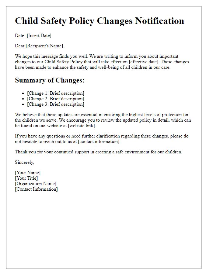 Letter template of child safety policy changes