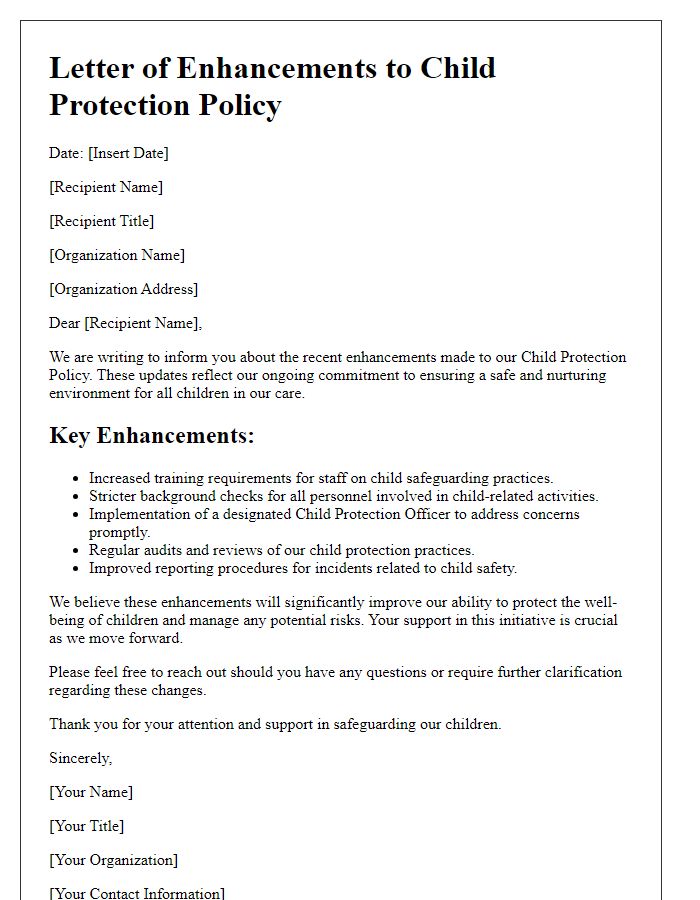 Letter template of enhancements to child protection policy