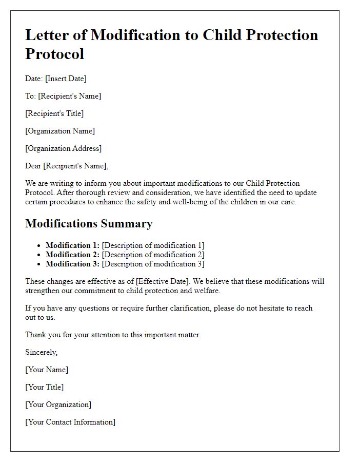 Letter template of modifications to child protection protocol