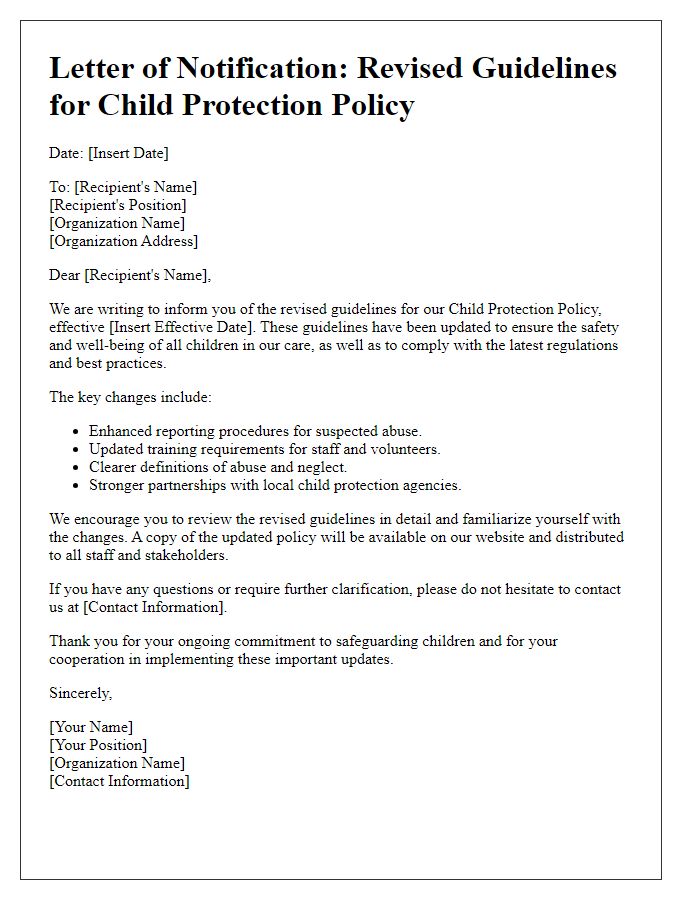 Letter template of revised guidelines for child protection policy