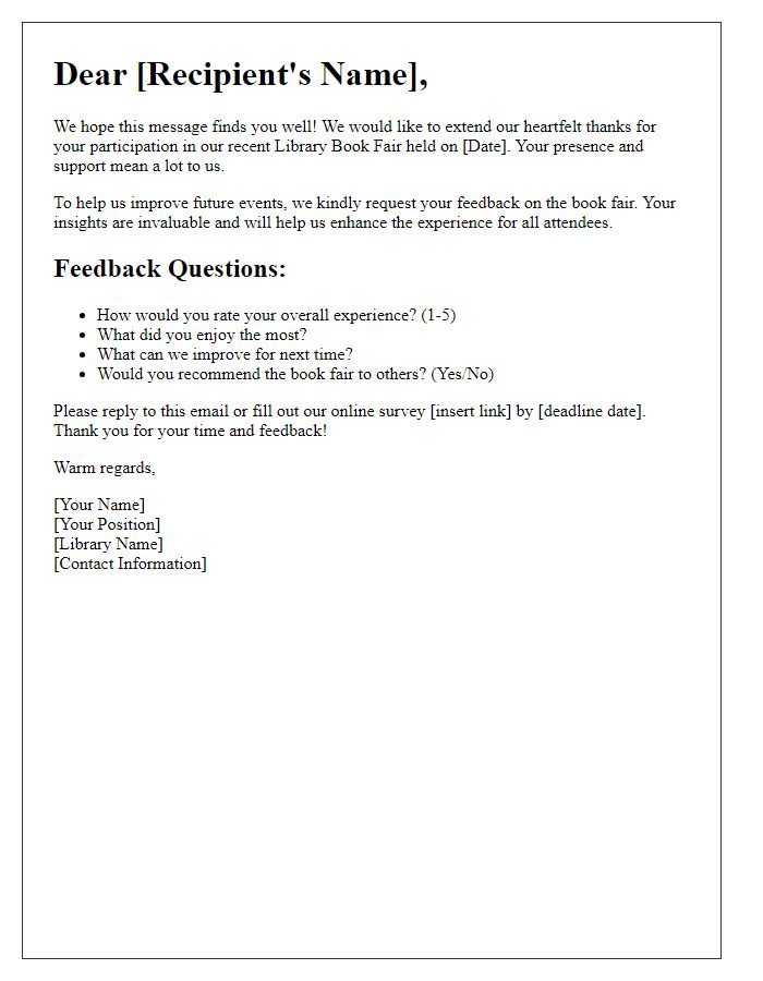 Letter template of library book fair feedback request.