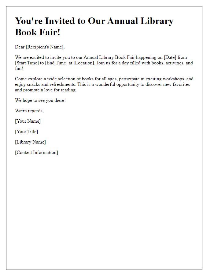 Letter template of library book fair invitation.