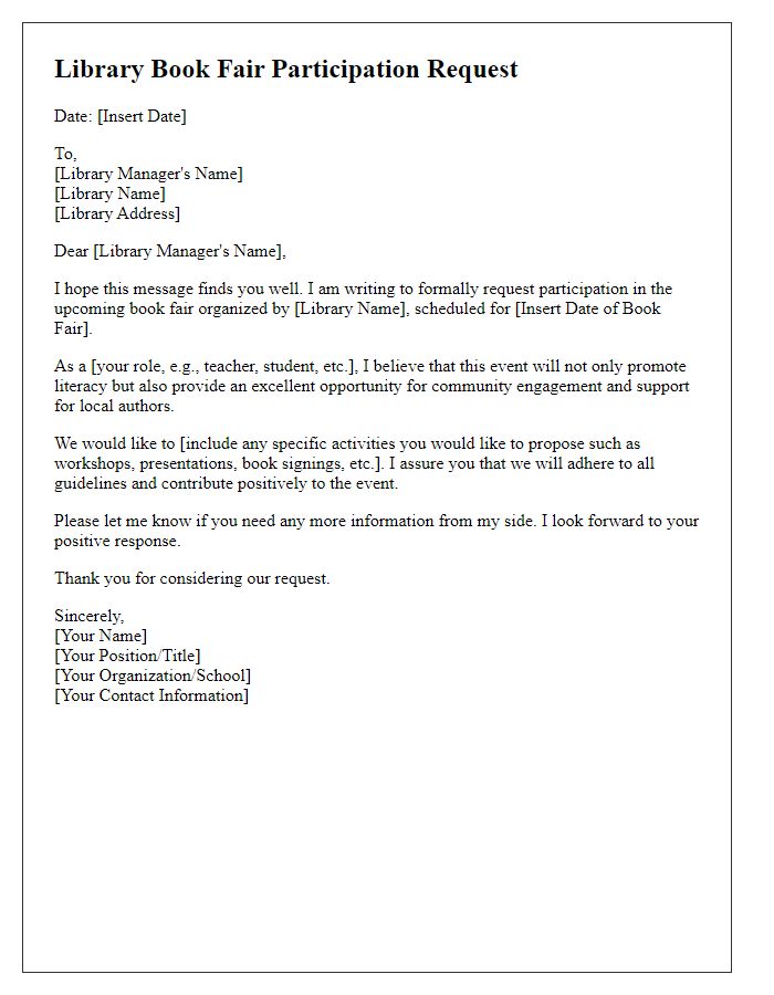 Letter template of library book fair participation request.