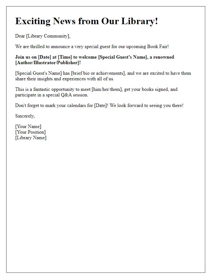 Letter template of library book fair special guest announcement.