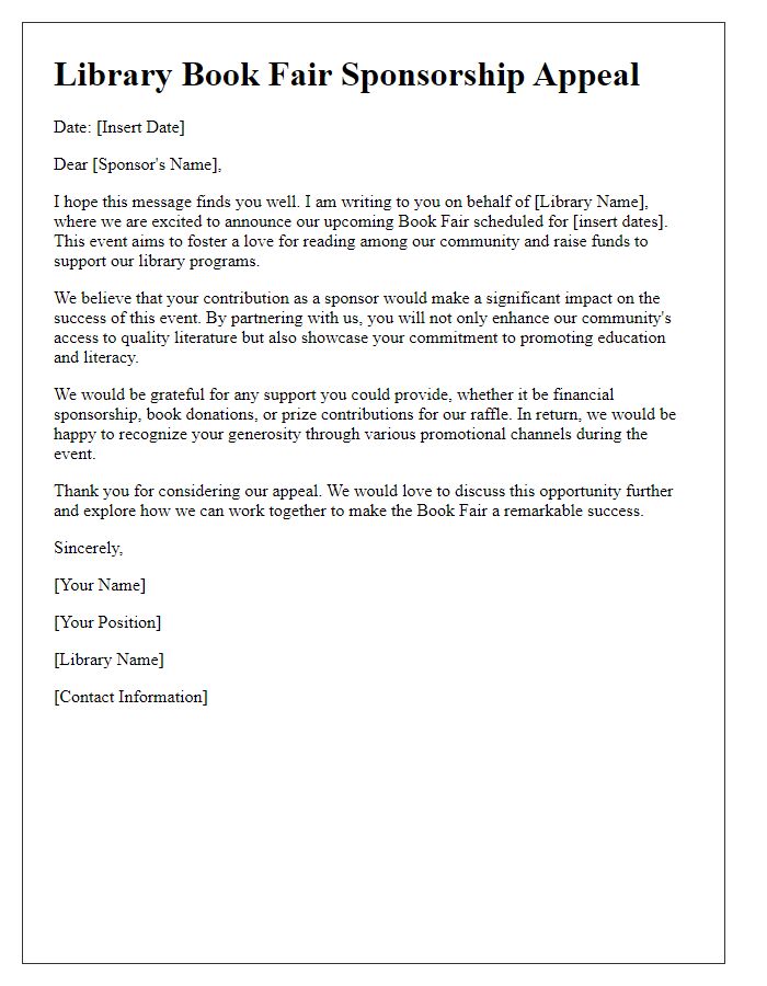 Letter template of library book fair sponsorship appeal.