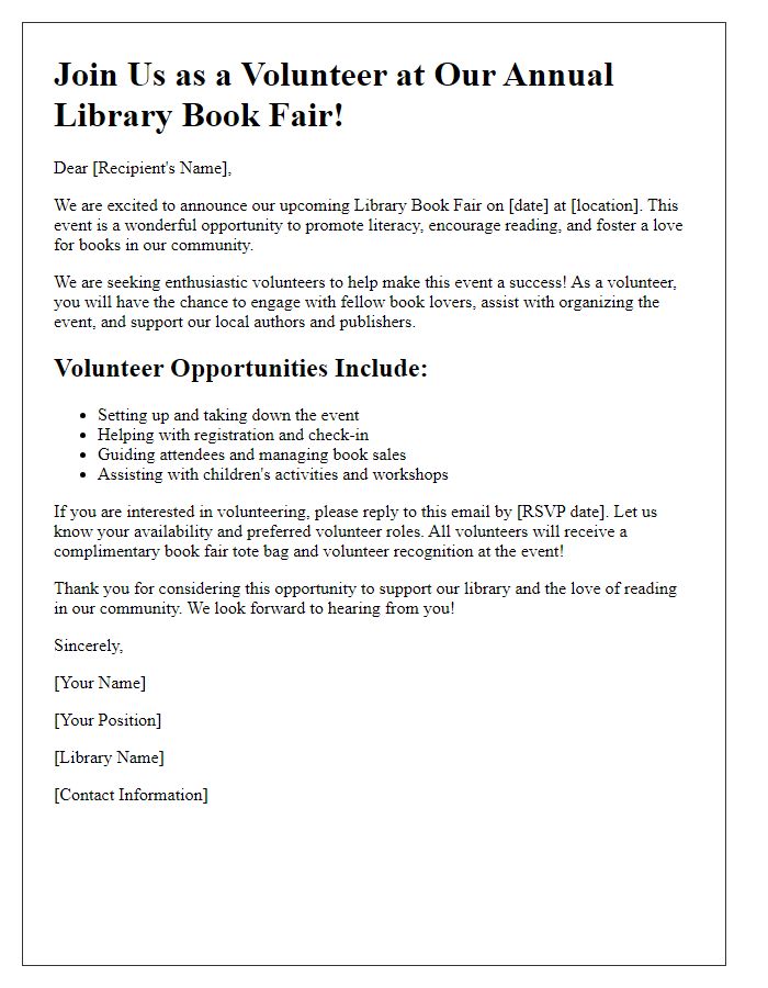 Letter template of library book fair volunteer recruitment.