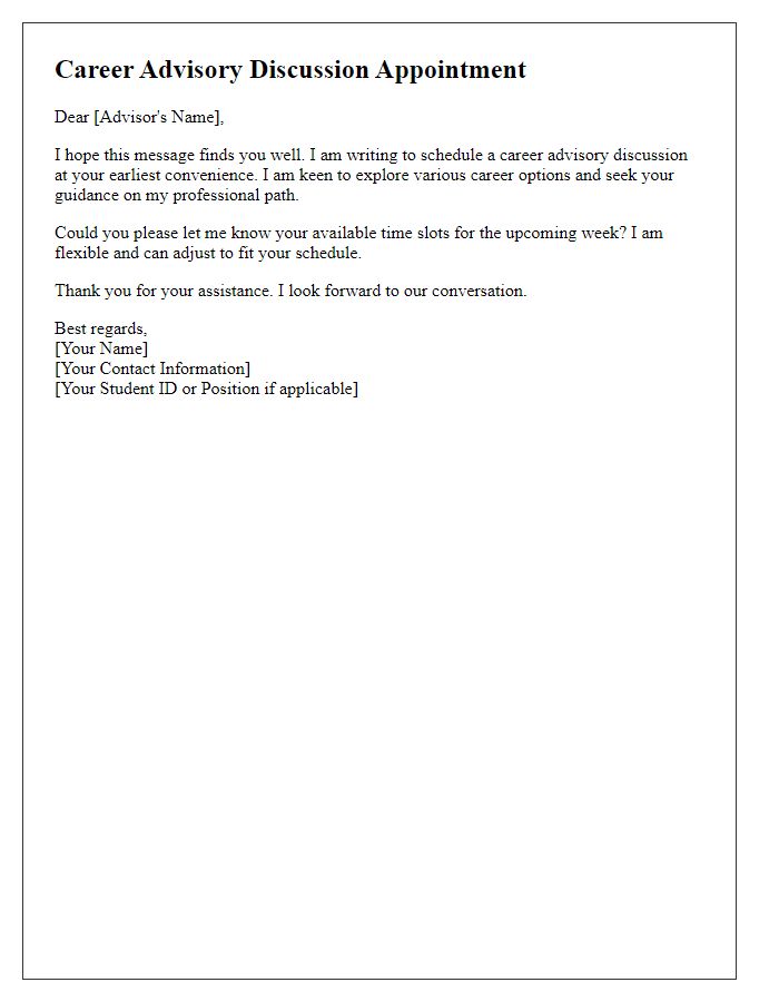 Letter template of scheduling a career advisory discussion.