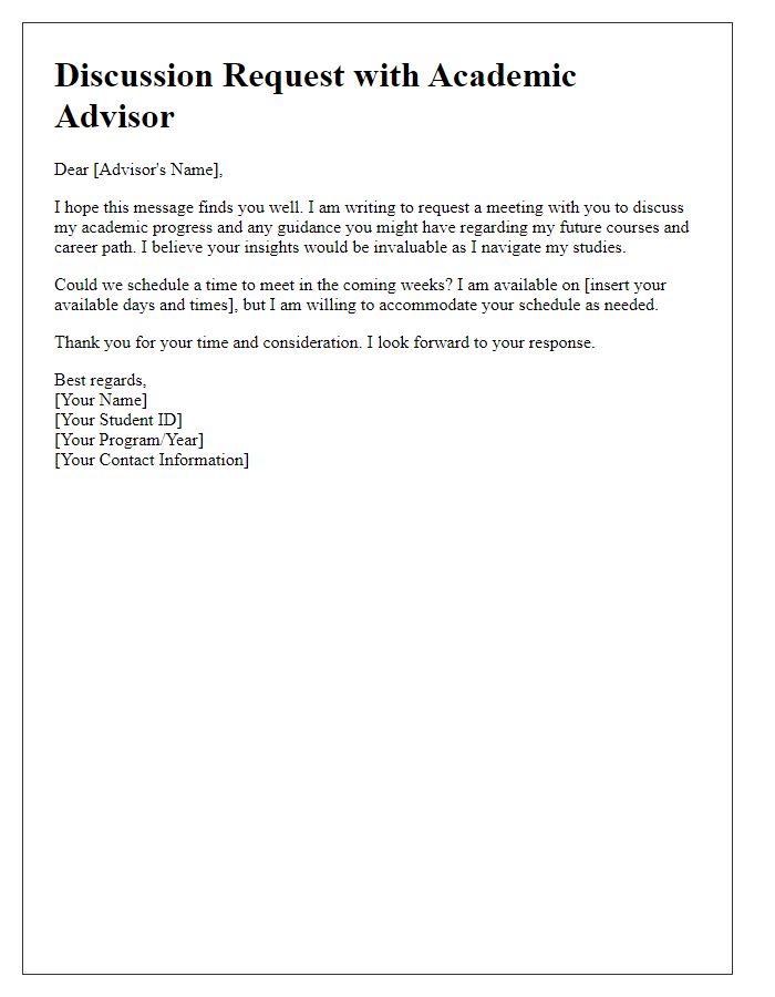 Letter template of discussion request with academic advisor