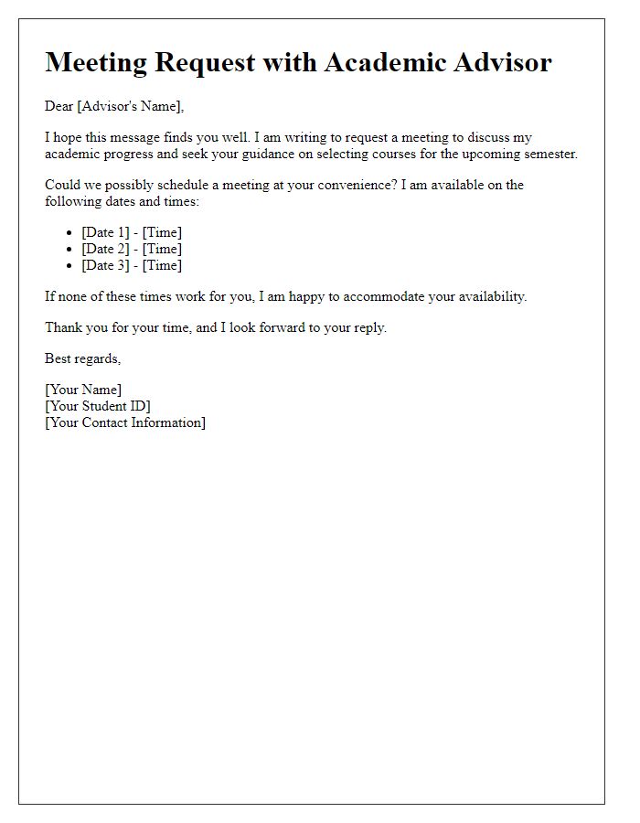 Letter template of scheduling a meeting with academic advisor