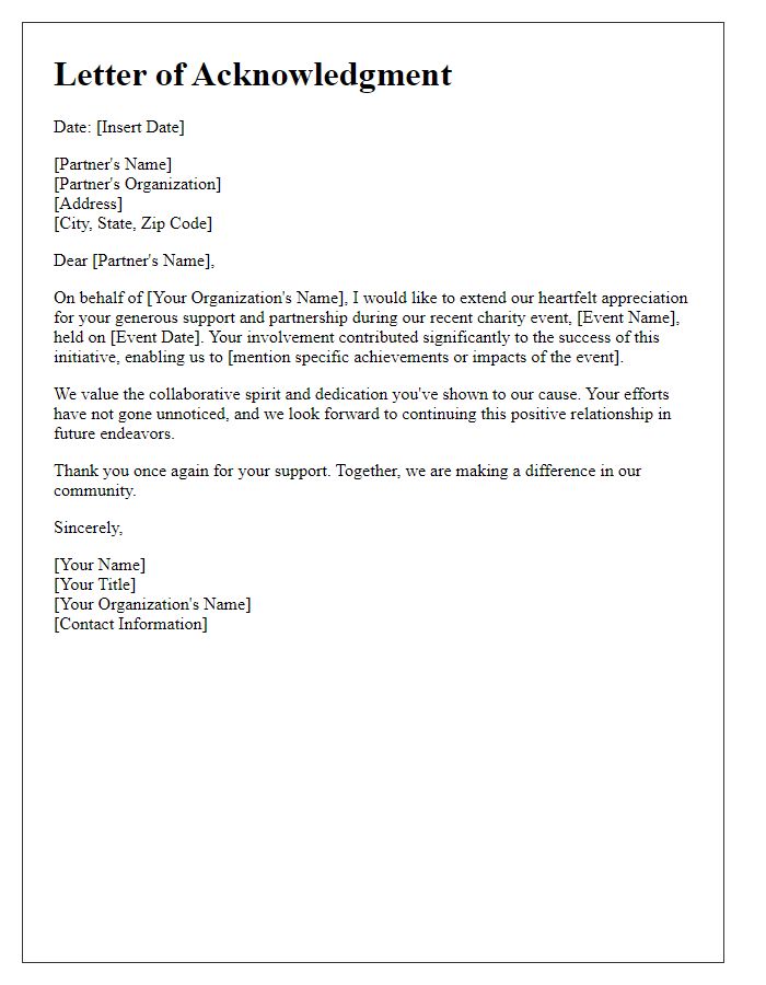 Letter template of acknowledgment for charity event partners