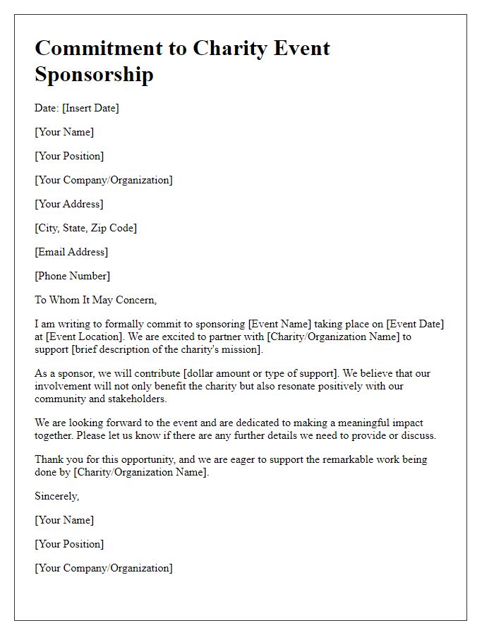 Letter template of commitment to charity event sponsorship