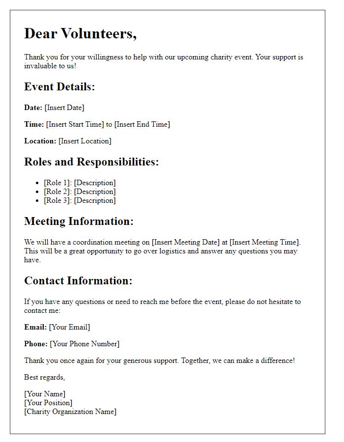 Letter template of coordination for charity event volunteers